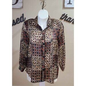 Resource Sheer Shades of Brown Printed Button Front Top Size 16